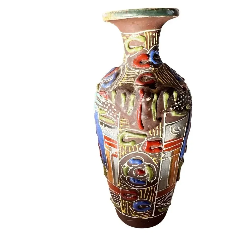 Japanese Satsuma Style Moriage Bud Vase Hand Painted Ceramic 6” + Jar W Lid 4”‎